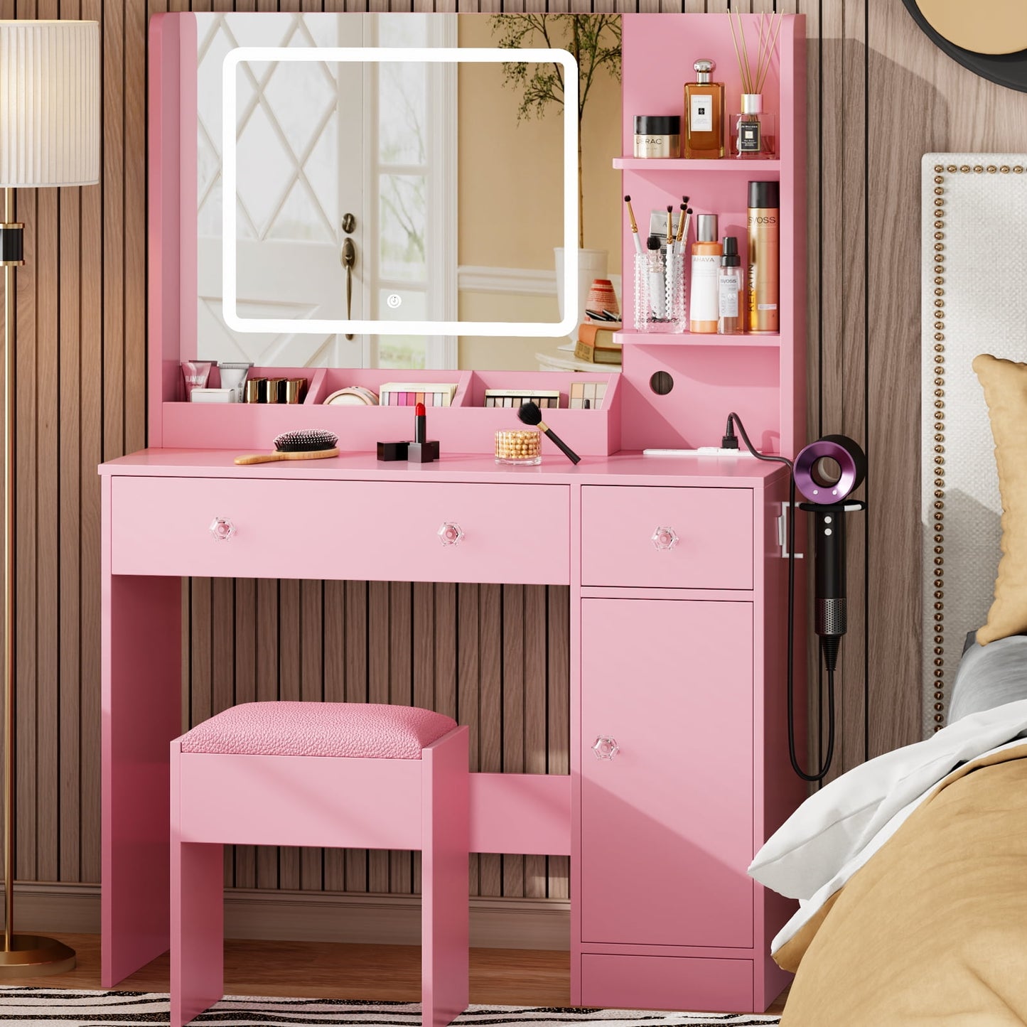 Tydimor Vanity Desk with Mirror & Lights, GRWM Vanity Table with Drawers & Storage Shelves, Makeup Dressing Table with Stool & Charging, Pink