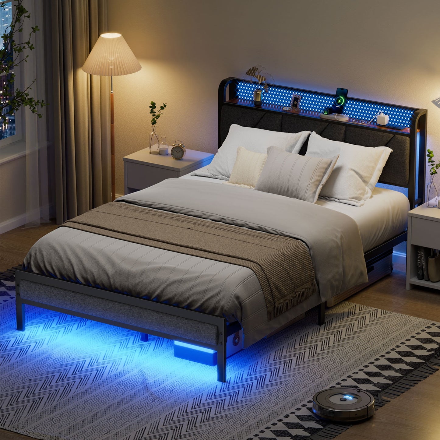 Satifur Full Bed Frame with Upholstered Storage Headboard, Metal Platform Bed Station with Charging Station & LED, Noise-Free. No Box Spring Needed