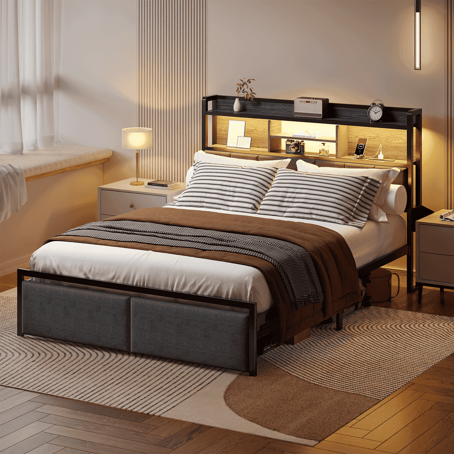 Tydimor Queen Bed Frame with Charging Station, 2 Storage Drawers, LED Lights, Sturdy Metal Construction, Upholstered,Black