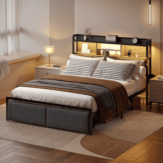 Tydimor Queen Bed Frame with Charging Station, 2 Storage Drawers, LED Lights, Sturdy Metal Construction, Upholstered,Black