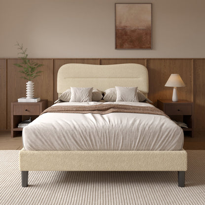 Tydimor Full Bed Frame with Teddy Velvet Soft Curved Headboard, Platform Bed with Wooden Slats Support, Easy Assembly, Noise-Free, Beige
