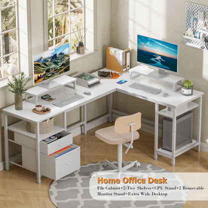 Furologee L Shaped Desk with Shelves, Reversible Corner Computer Desk with Drawers & 2 Monitor Stands, Large Home Office Desk Writing Study Gaming Table Workstation, White