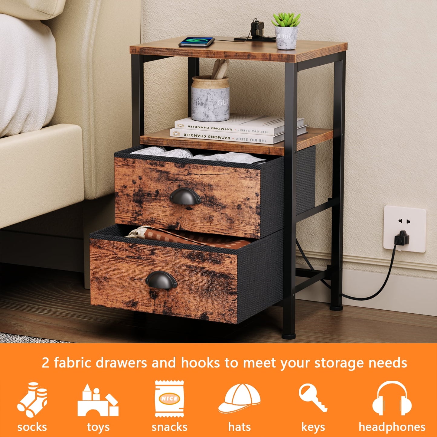 Satifur Bedside Table with Charging Station,Set of 2 LED Nightstand with 2 Fabric Drawers,Rustic Brown