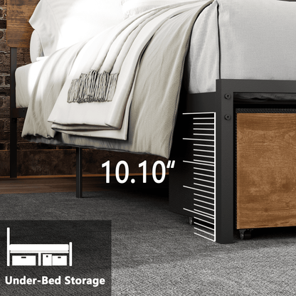 Tydimor Queen Size Bed Frame with 2 Drawers & LED Lights & Charging Station, Beds with Headboard & 10.10" Under Bed Storage, No Box Spring Needed, Easy Assembly, Rustic Brown