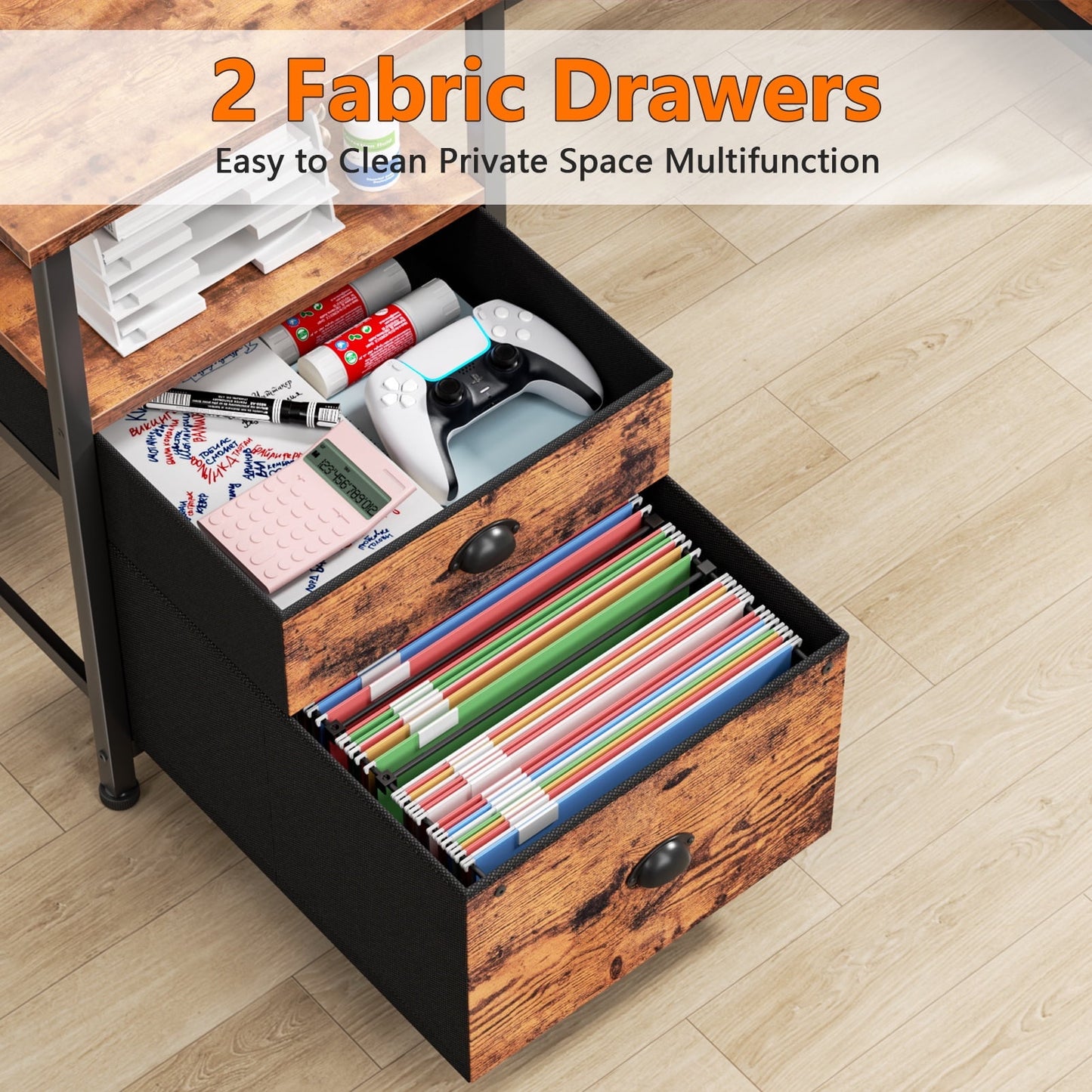 Hexmn Rustic Brown Ergonomic Computer Desk with Fabric Storage & Customizable Layout