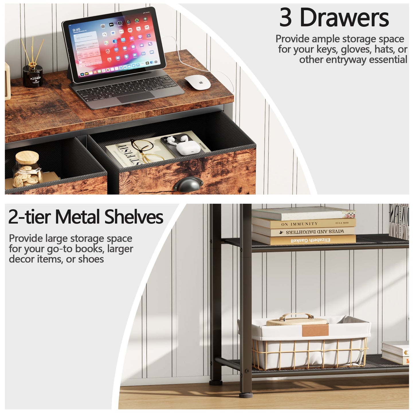 Satifur 38 inch Entryway Table with Power Outlets and Light, Console Table with 3 Fabric Drawers, Hallway Table, Rustic Brown