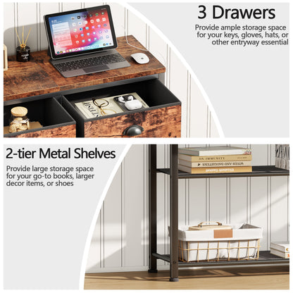 Satifur 38 inch Entryway Table with Power Outlets and Light, Console Table with 3 Fabric Drawers, Hallway Table, Rustic Brown