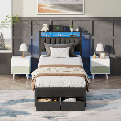 Hexmn Twin Bed Frame with Upholstered Storage Headboard & 2 Drawers, Platform Metal Bed with 2 USB Ports and Outlets, Under-bed Storage and Noise Free Design