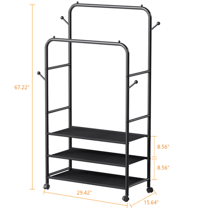Satifur Clothes Rack with 3 Tiers Storage Shelves, Clothing and Shoes Racks, Garment Rack with Wheels, Multi-functional Double Rod Hanging Rack, Black