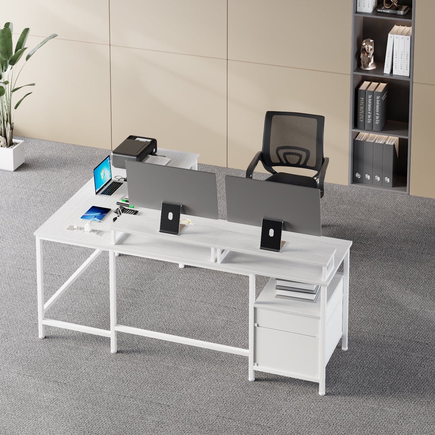 Hexmn L-Shaped Home Office Desk,Dual Monitor Stand & Ample Storage for All Your Needs