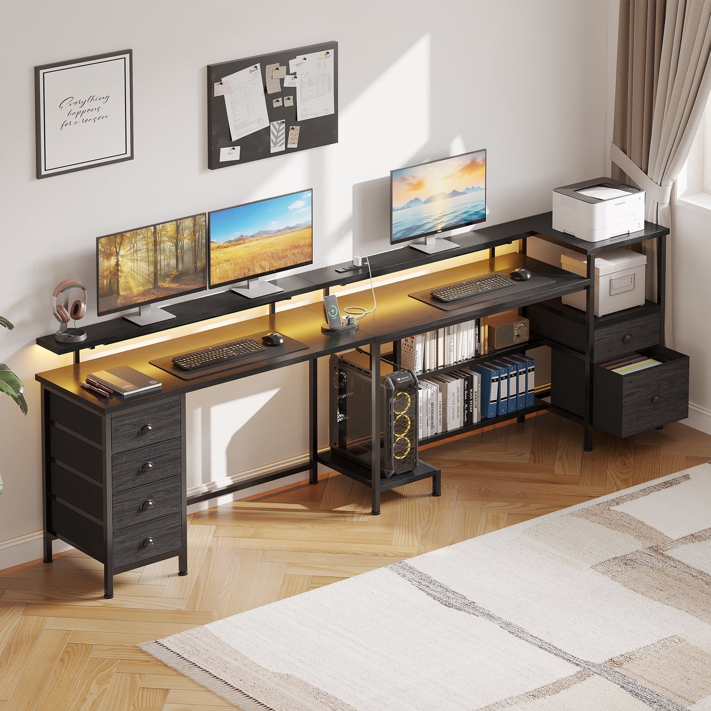 Satifur L Gaming Desk with Drawers and Outlet, Black Computer Desk with LED Light , Corner Desk with File Cabinet & Shelves
