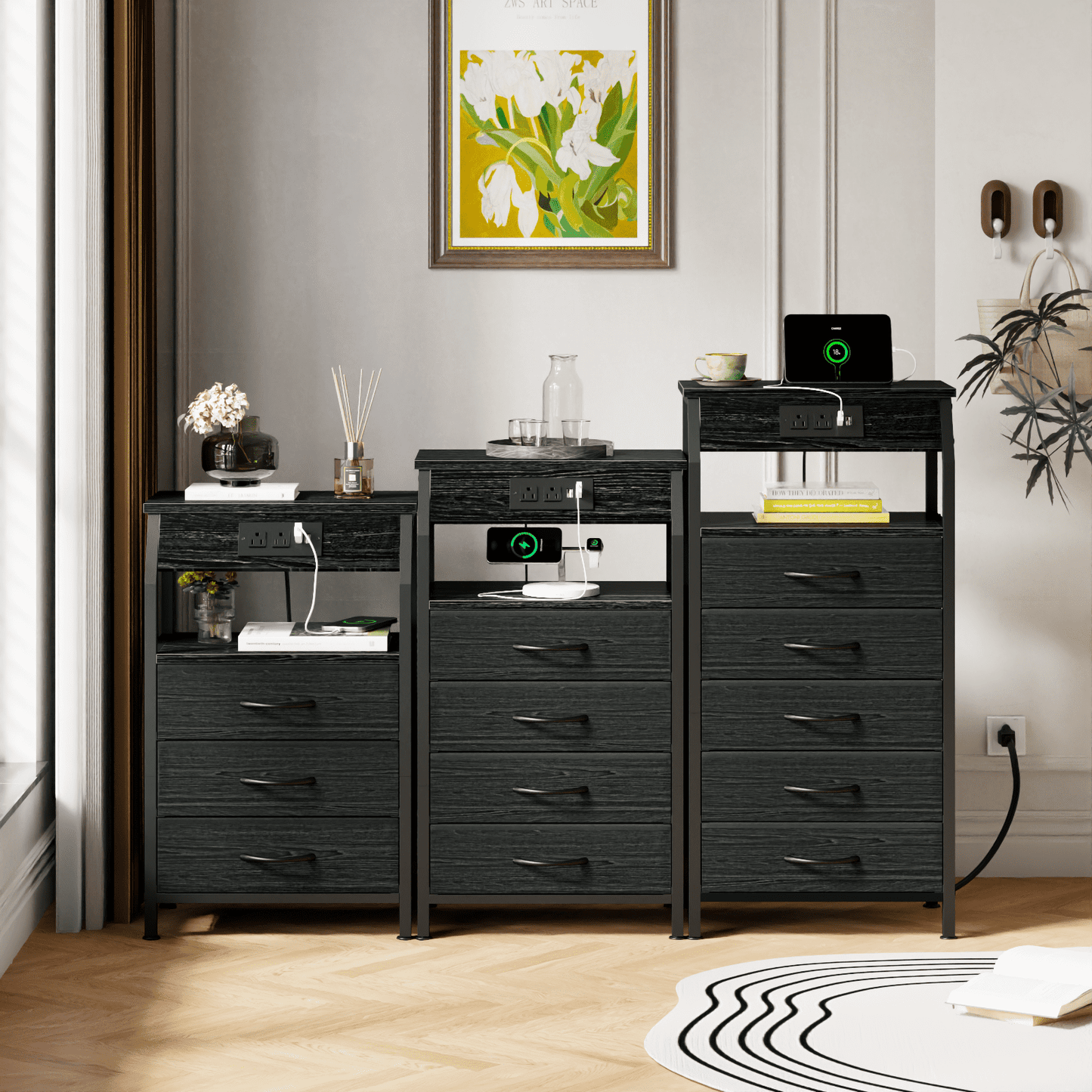 TYDIMOR Tall Dresser for Bedroom, 5 Drawer with Charging Station, Black, Ideal for Adults