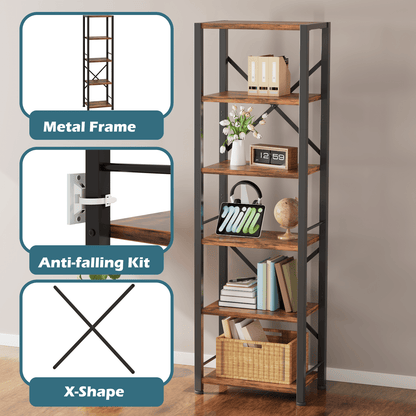 Satifur Bookshelf Bookcase Organizer with 6 Shelves for Living Room Bedroom Kitchen Garage,Rustic Brown
