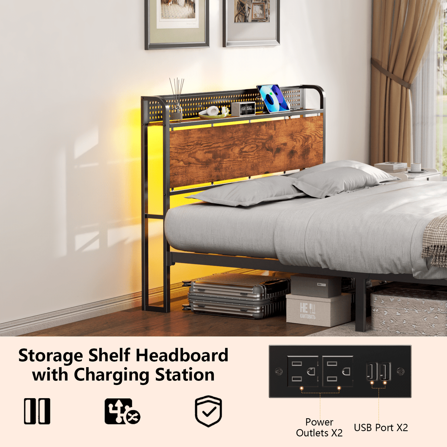 Tydimor Queen Bed Frame with 2 Drawers & Storage Headboard, Platform Metal Bed with Charging Station, No Box Spring Needed