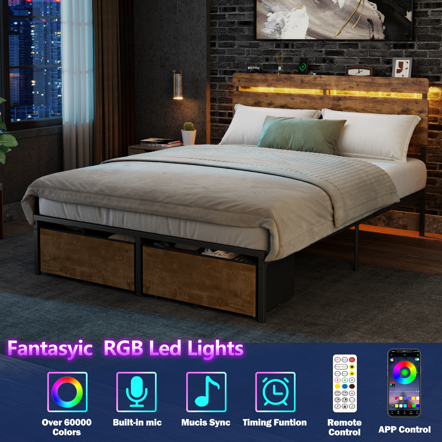 Satifur Full Size Bed Frame with 2 Drawers & LED Lights & Charging Station, Beds with Headboard & 10.10" Under Bed Storage, No Box Spring Needed, Easy Assembly, Rustic Brown