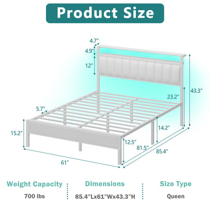 Tydimor Queen Bed Frames with LED Lights, Platform Bed with Metal Slats, Headboard with 2-Tier Storage Shelves & Charging Station, No Box Spring Needed, White