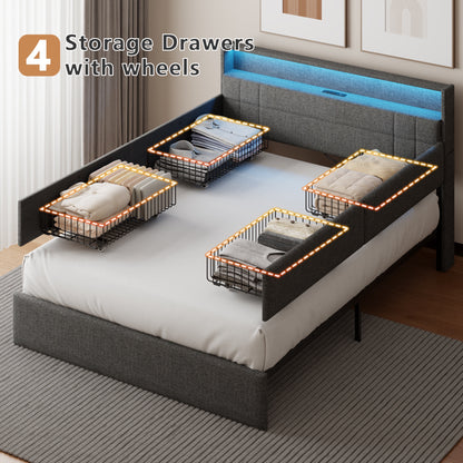 Satifur Queen Bed Frame with Charging Station, Queen Upholstered Rivet Storage Headboard Platform Beds, Noise-Free, Easy Assembly, Dark Grey