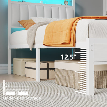 Tydimor Twin Bed Frames with LED Lights, Platform Bed with Metal Slats, Headboard with 2-Tier Storage Shelves & Charging Station, No Box Spring Needed, White