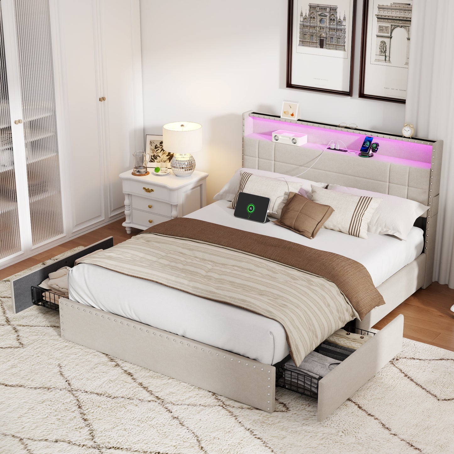 Satifur Queen Bed Frame with Charging Station, Queen Upholstered Rivet Storage Headboard Platform Beds, Noise-Free, Easy Assembly, Beige