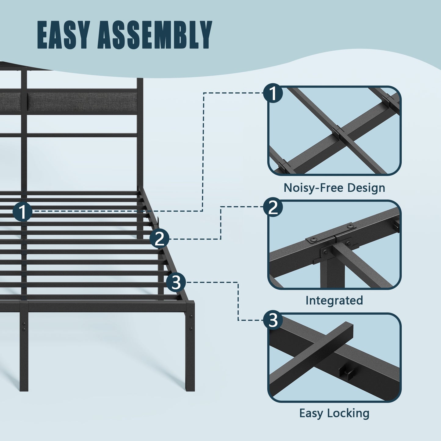 Tydimor Full Size Bed Frame with USB Charging Station, LED Lights & Upholstered Headboard & Shelf, Metal Black