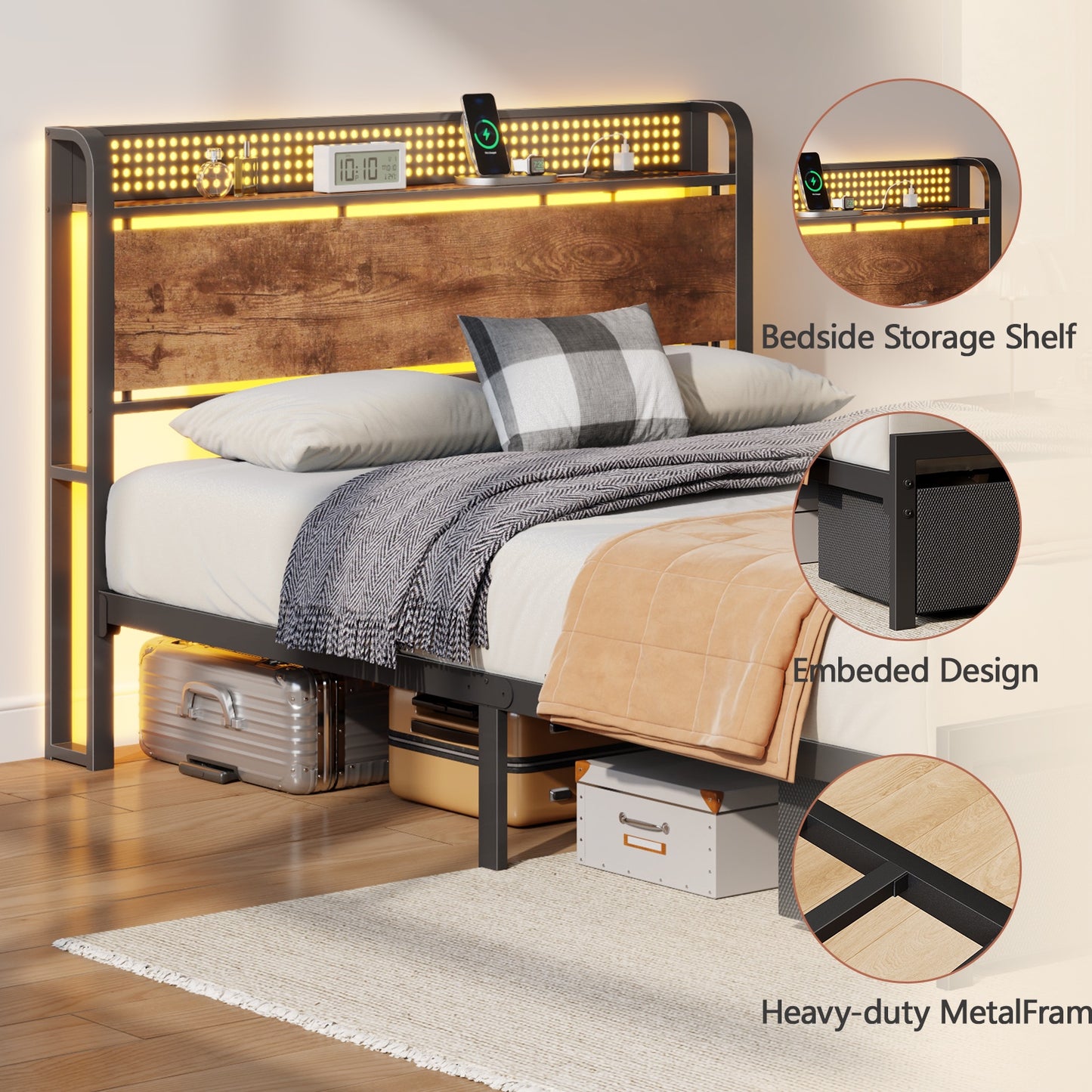 Satifur Twin Bed Frame with 2 Drawers & Storage Headboard, Platform Metal Bed with Charging Station, No Box Spring Needed