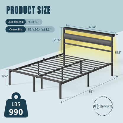 Tydimor Queen Size Bed Frame with USB Charging Station, LED Lights & Upholstered Headboard & Shelf, Metal Black