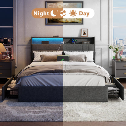 Satifur Queen Bed Frame with Charging Station, Queen Upholstered Rivet Storage Headboard Platform Beds, Noise-Free, Easy Assembly, Dark Grey
