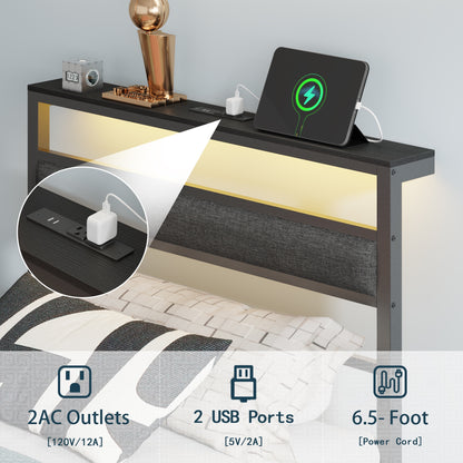 Tydimor Twin Size Bed Frame with USB Charging Station, LED Lights & Upholstered Headboard & Shelf, Metal Black
