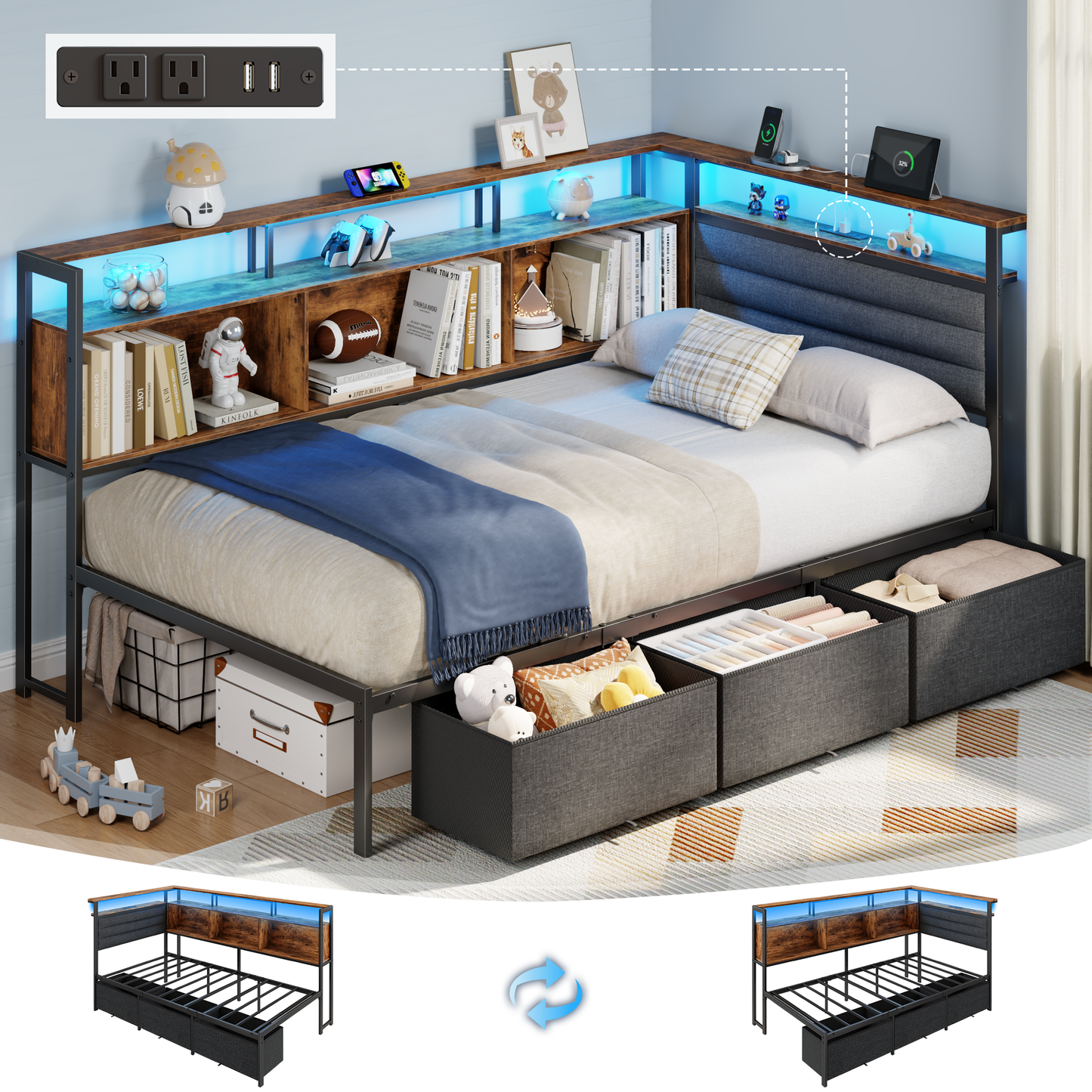 Satifur L-Shaped Corner Bed Frame with 3 Storage Drawers, 3 Cubbies & Double-Layer Shelf, LED Lights & Power Outlet, Corner Twin Beds for Living Room, Bedroom and Guest, Rustic Brown