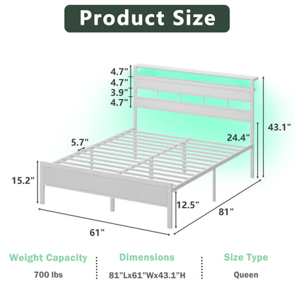 Tydimor Queen Bed Frames with Wood Headboard & 2-Tier Storage Shelves, Queen Size Platform Bed with Charging Station and LED Lights, No Box Spring Needed, White