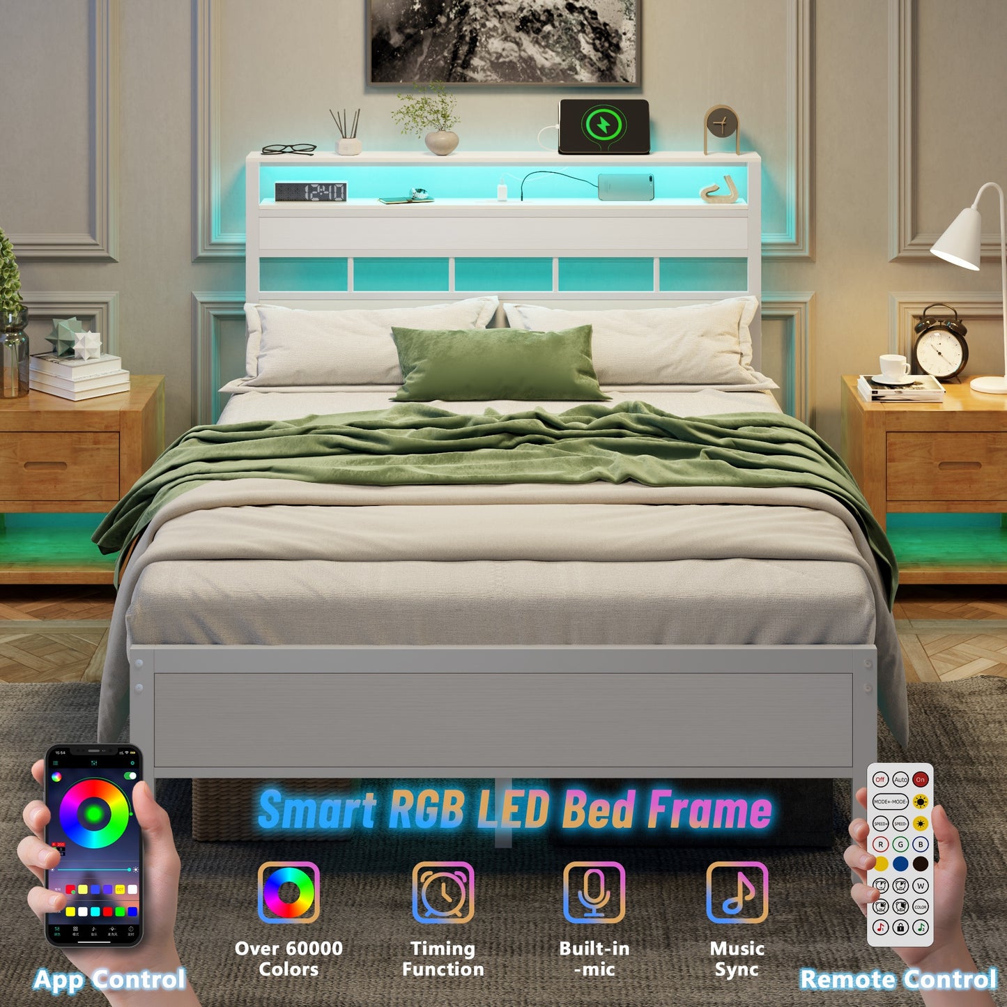 Tydimor Full Bed Frames with Wood Headboard & 2-Tier Storage Shelves, Full Size Platform Bed with Charging Station and LED Lights, No Box Spring Needed, White