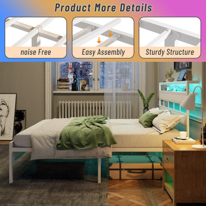 Tydimor Queen Bed Frames with Wood Headboard & 2-Tier Storage Shelves, Queen Size Platform Bed with Charging Station and LED Lights, No Box Spring Needed, White