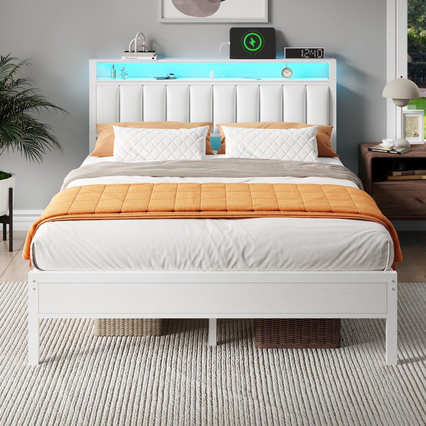 Tydimor Queen Bed Frames with LED Lights, Platform Bed with Metal Slats, Headboard with 2-Tier Storage Shelves & Charging Station, No Box Spring Needed, White