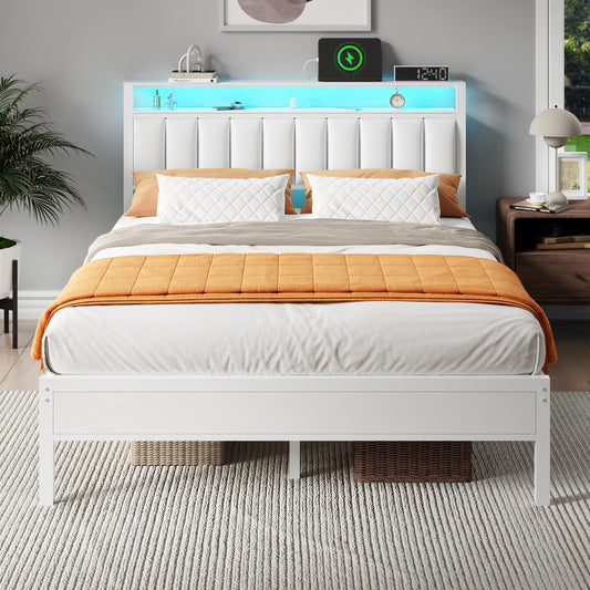 Tydimor Queen Bed Frames with LED Lights, Platform Bed with Metal Slats, Headboard with 2-Tier Storage Shelves & Charging Station, No Box Spring Needed, White