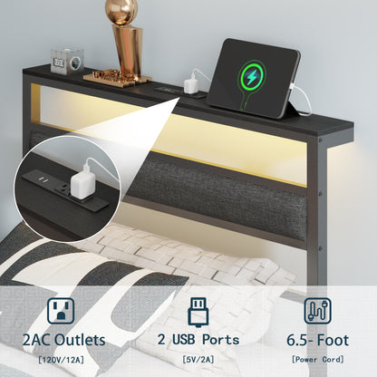 Satifur Twin Size Bed Frame with Upholstered Headboard & Shelf, LED Lights & USB Charging Station, Metal Black