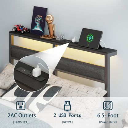 Satifur Full Size Bed Frame with Upholstered Headboard & Shelf, LED Lights & USB Charging Station, Metal Black