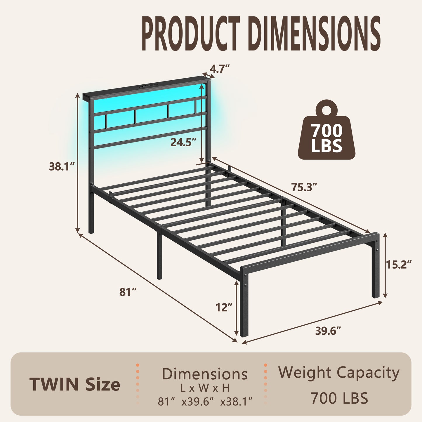Satifur Twin Size Bed Frame with LED Storage Headboard Shelf, 38.1" High Metal Platform Bed, Black