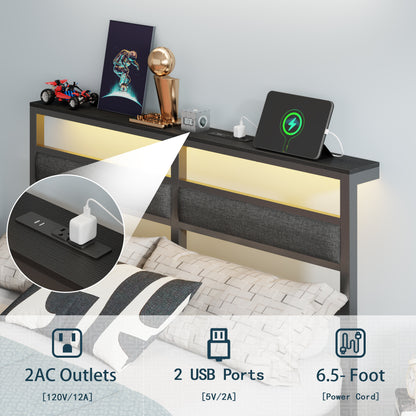 Satifur Queen Size Bed Frame with Upholstered Headboard & Shelf, LED Lights & USB Charging Station, Metal Black