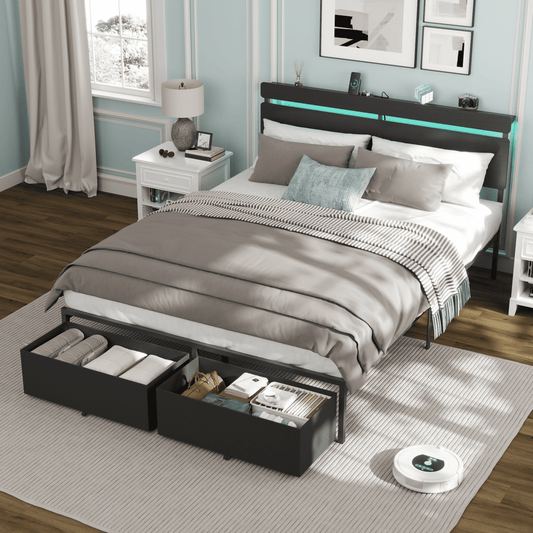 Satifur Queen Size Bed Frame with 2 Drawers & LED Lights & Charging Station, Beds with Headboard & 10.10" Under Bed Storage, No Box Spring Needed, Easy Assembly, Black