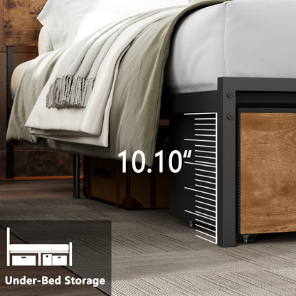 Satifur King Size Bed Frame with 3 Drawers & LED Lights & Charging Station, Beds with Headboard & 10.10" Under Bed Storage, No Box Spring Needed, Easy Assembly, Rustic Brown