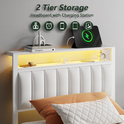 Tydimor Twin Bed Frames with LED Lights, Platform Bed with Metal Slats, Headboard with 2-Tier Storage Shelves & Charging Station, No Box Spring Needed, White