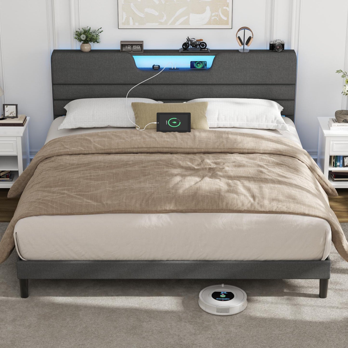 Satifur Dark Gray Bed Frame with Charge Station, King Size Bed Frame with LED Lights & Upholstered Headboard, No Box Spring Needed, Linen Fabric