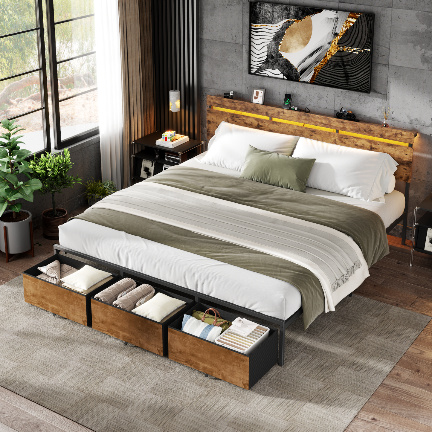 Satifur King Size Bed Frame with 3 Drawers & LED Lights & Charging Station, Beds with Headboard & 10.10" Under Bed Storage, No Box Spring Needed, Easy Assembly, Rustic Brown