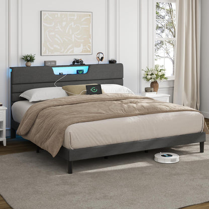 Satifur Dark Gray Bed Frame with Charge Station, King Size Bed Frame with LED Lights & Upholstered Headboard, No Box Spring Needed, Linen Fabric