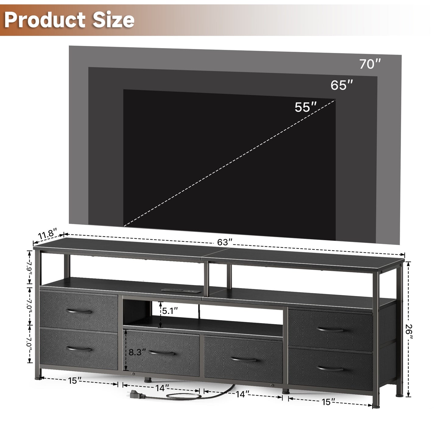 Tydimor 63 Inch TV Stand with LED Lights & Charging Power Station, 6 Fabric Drawer Dresser, Multifunctional Media Console, Sideboard Storage Cabinet, Entryway Hallway Table Fits 32-70 Inch TV, Black