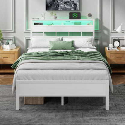 Tydimor Full Bed Frames with Wood Headboard & 2-Tier Storage Shelves, Full Size Platform Bed with Charging Station and LED Lights, No Box Spring Needed, White