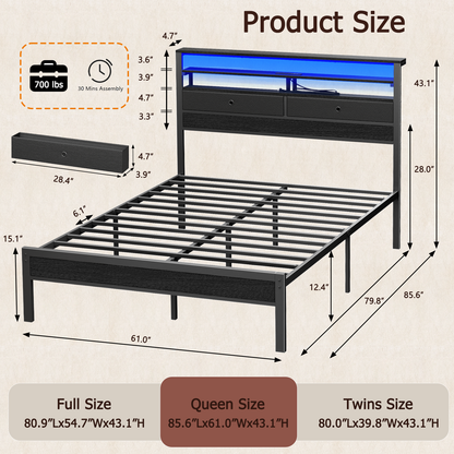 Satifur Queen Size Bed Frame with 2 Storage Drawers Headboard, LED & Charging Station, Black oack