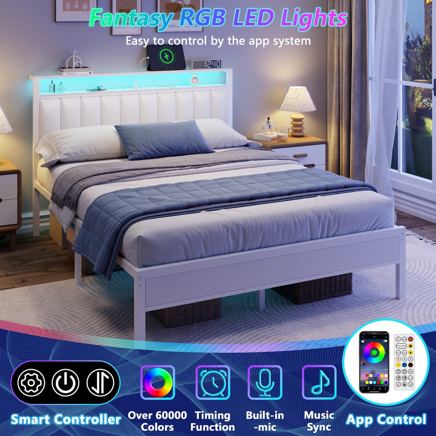 Tydimor Queen Bed Frames with LED Lights, Platform Bed with Metal Slats, Headboard with 2-Tier Storage Shelves & Charging Station, No Box Spring Needed, White