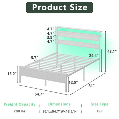 Tydimor Full Bed Frames with Wood Headboard & 2-Tier Storage Shelves, Full Size Platform Bed with Charging Station and LED Lights, No Box Spring Needed, White