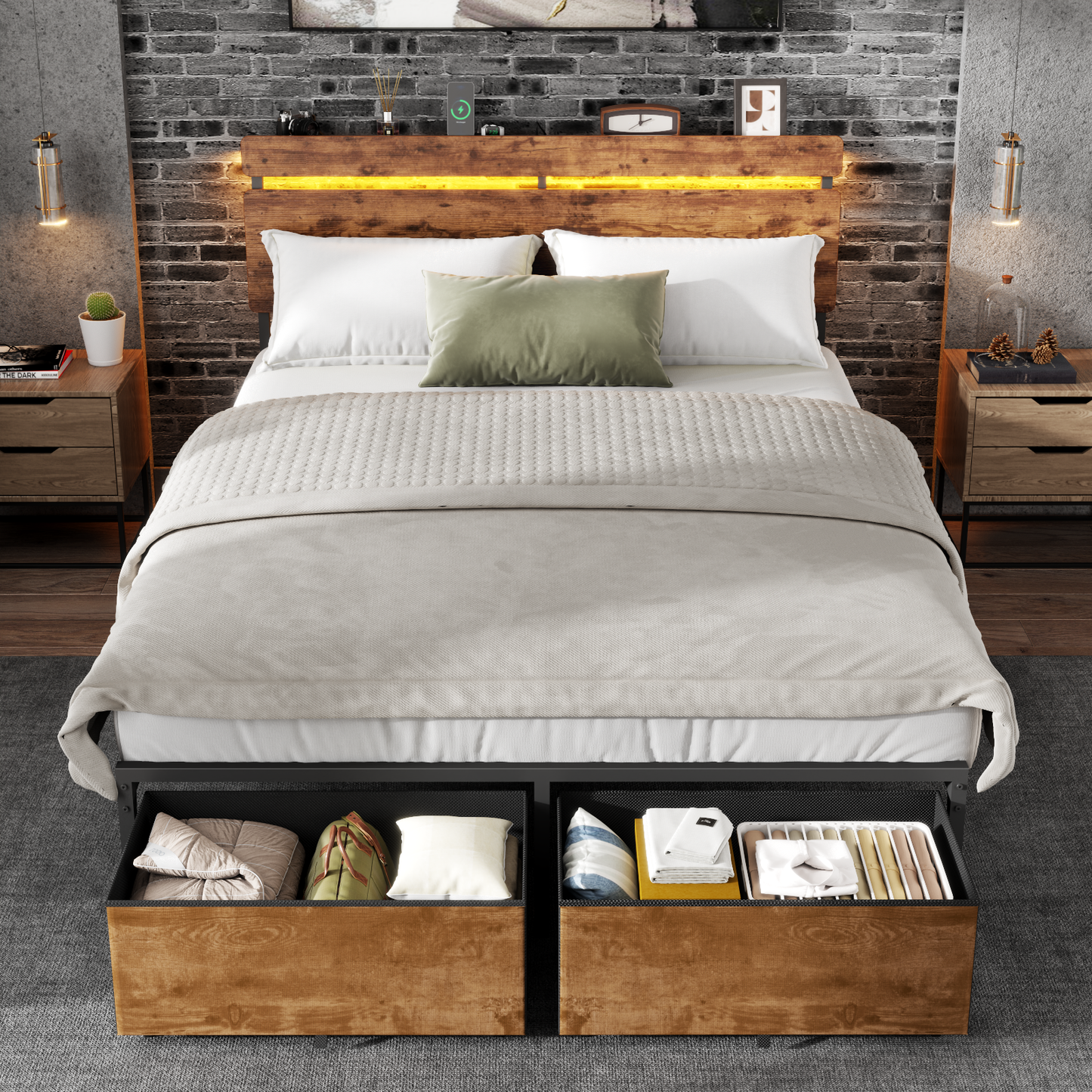 Satifur Full Size Bed Frame with 2 Drawers & LED Lights & Charging Station, Beds with Headboard & 10.10" Under Bed Storage, No Box Spring Needed, Easy Assembly, Rustic Brown